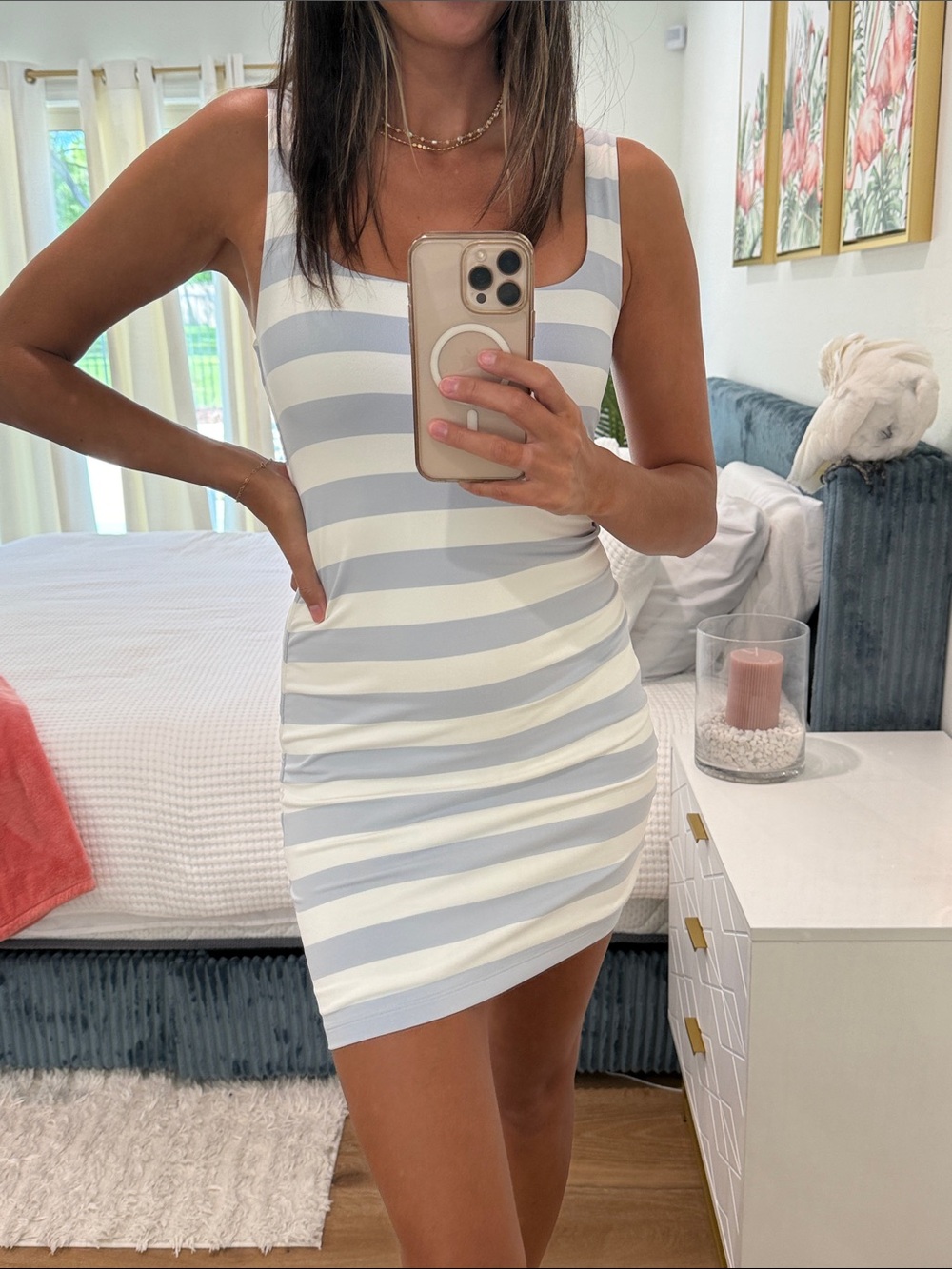 Striped Square-Neck Bodycon Dress in Light Blue and White